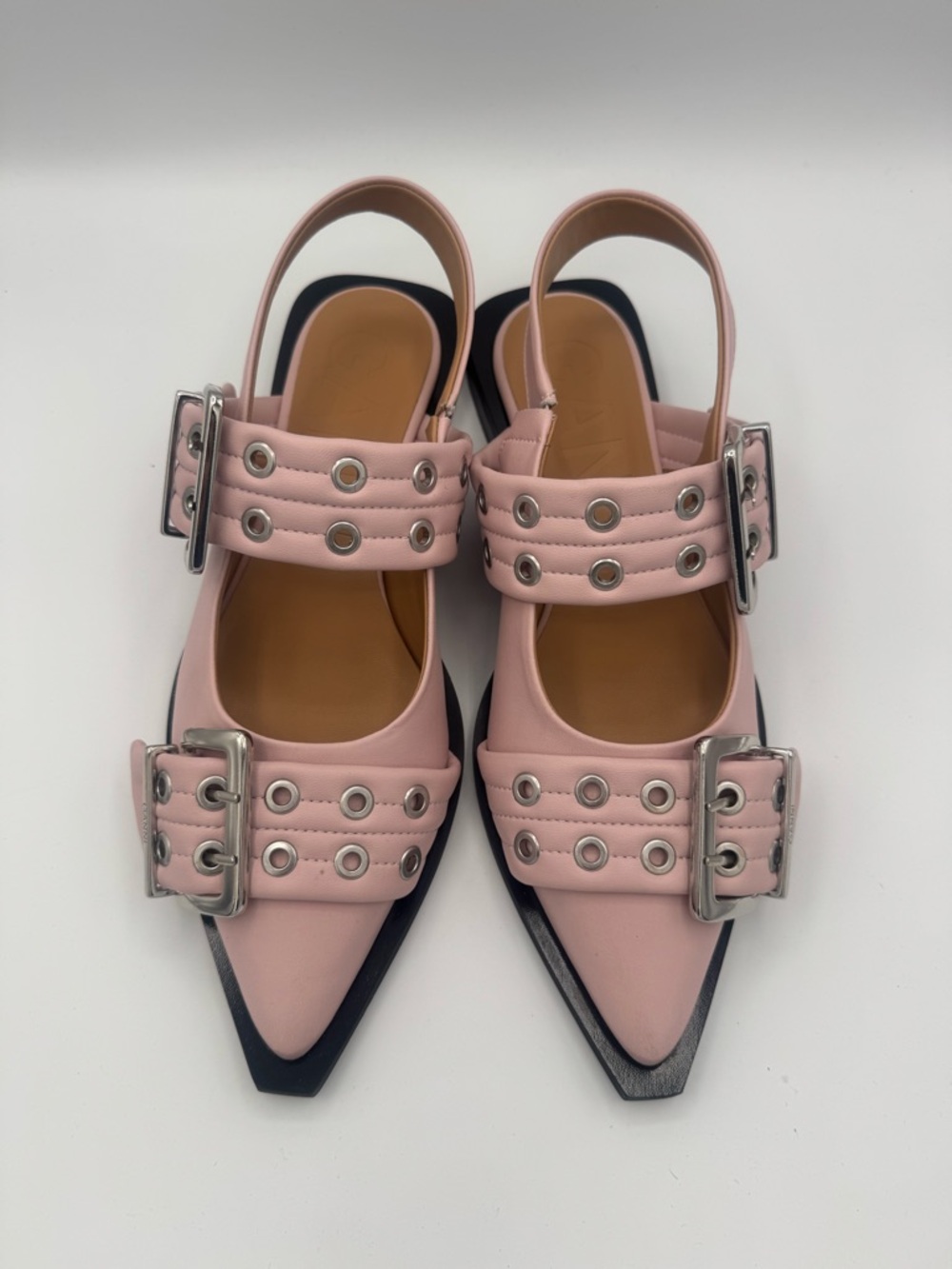 Women's Ganni Chalk Pink Doubles Buckle Pointed-Toe Slingback Flats